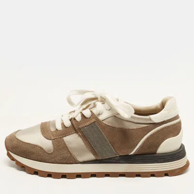 Pre-owned Brunello Cucinelli Monili Size 37 Brown/white Fabric And Suede Lace Up Sneakers