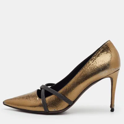 Pre-owned Brunello Cucinelli Monili Size 39.5 Metallic Gold Leather Pointed Toe Pumps
