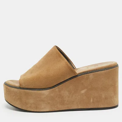 Pre-owned Brunello Cucinelli Monili Size 41 Beige Suede Wedge Platform Sandals