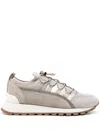 Brunello Cucinelli Beige Leather Sneakers With Glitter And Monili Chain Detailing In Beige