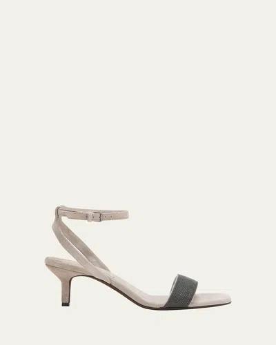 Brunello Cucinelli Monili Strap Suede Kitten-heel Sandals In Fango