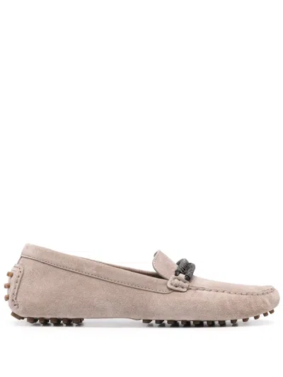Brunello Cucinelli Monili-strap Suede Loafers In Neutrals