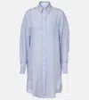 Brunello Cucinelli Linen And Silk Striped Organza Long Shirt With Shiny Collar Detail In Blue