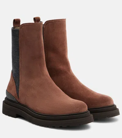 Brunello Cucinelli Monili Suede Chelsea Boots In Brown
