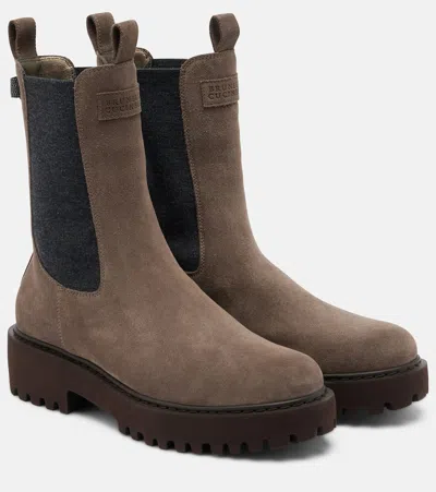 Brunello Cucinelli Monili Suede Chelsea Boots In Brown