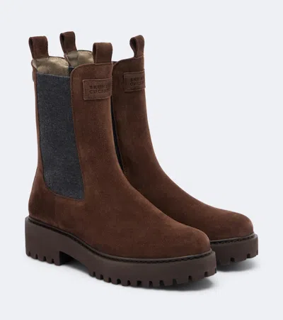 Brunello Cucinelli Monili Suede Chelsea Boots In Brown