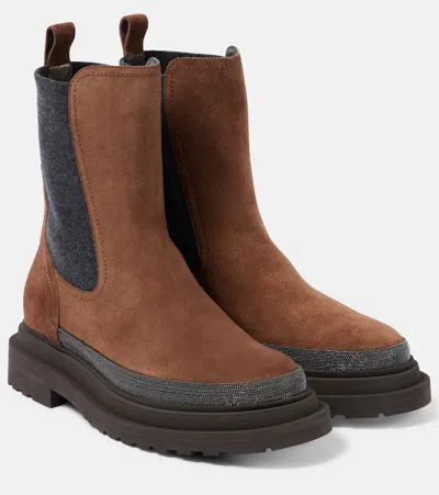 Brunello Cucinelli Monili Suede Chelsea Boots In Brown