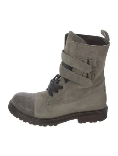 Pre-owned Brunello Cucinelli Monili Suede Combat Boots In Gray