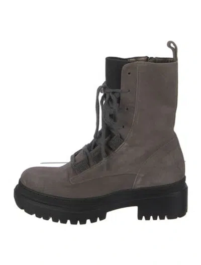 Pre-owned Brunello Cucinelli Monili Suede Combat Boots In Gray