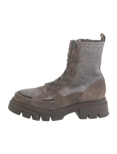 Pre-owned Brunello Cucinelli Monili Suede Combat Boots In Gray