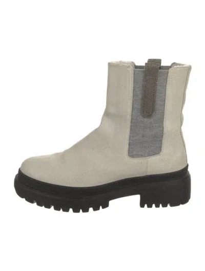 Pre-owned Brunello Cucinelli Monili Suede Combat Boots In Neutral