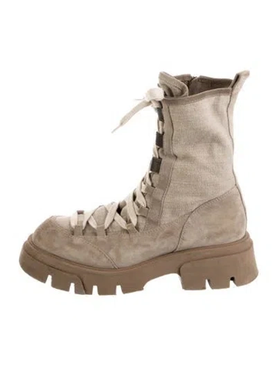 Pre-owned Brunello Cucinelli Monili Suede Combat Boots In Neutral