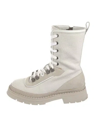 Pre-owned Brunello Cucinelli Monili Suede Combat Boots In Neutral