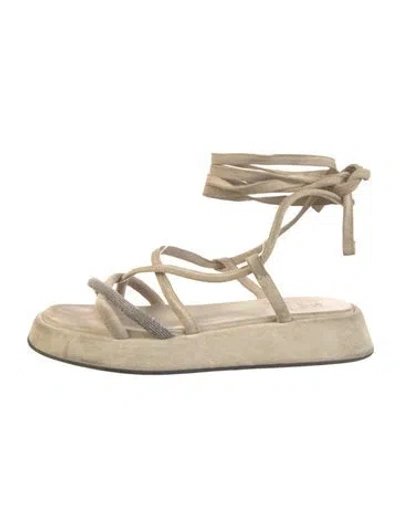 Pre-owned Brunello Cucinelli Monili Suede Espadrilles In Neutral