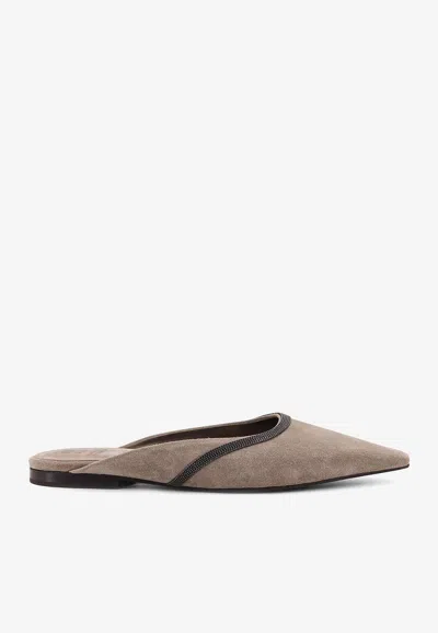 BRUNELLO CUCINELLI MONILI SUEDE FLAT MULES