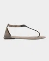 Brunello Cucinelli Monili Suede Flat Thong Sandals In Beige
