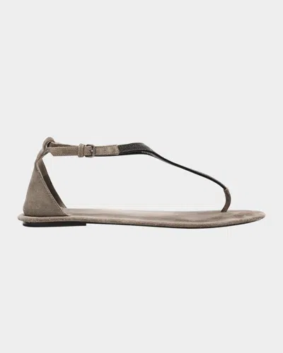 Brunello Cucinelli Monili Suede Flat Thong Sandals In White