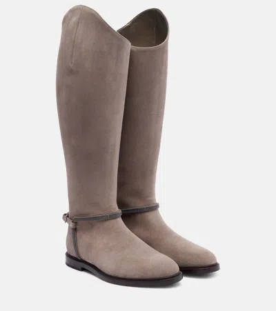 Brunello Cucinelli Monili Suede Knee-high Boots In Sand