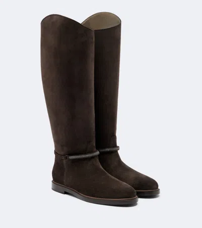 Brunello Cucinelli Suede Leather Knee-high Boots With Monili Detail In Brown