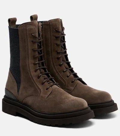 Brunello Cucinelli Monili Suede Lace-up Boots In Brown
