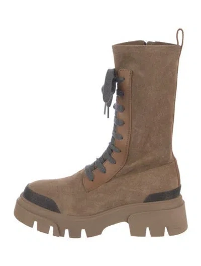 Pre-owned Brunello Cucinelli Monili Suede Lace-up Boots In Brown