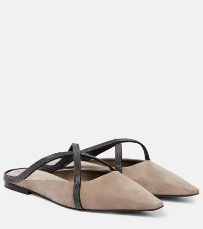 Brunello Cucinelli Bead-embellished Suede Point-toe Flats In Neutral