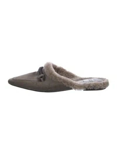 Pre-owned Brunello Cucinelli Monili Suede Mules In Gray
