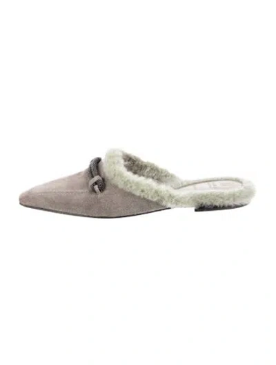 Pre-owned Brunello Cucinelli Monili Suede Mules In Silver