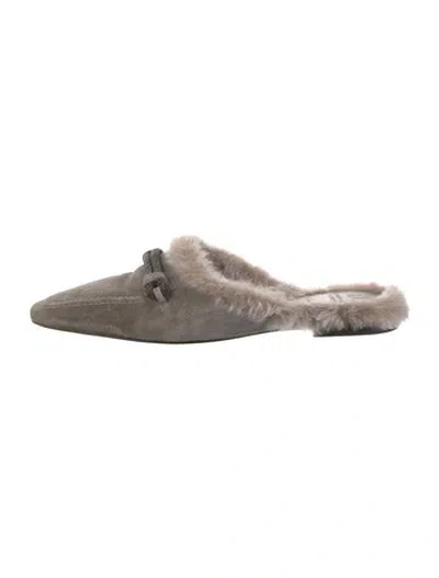 Pre-owned Brunello Cucinelli Monili Suede Mules In Silver