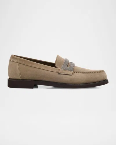 Brunello Cucinelli Monili Suede Penny Loafers In Brown