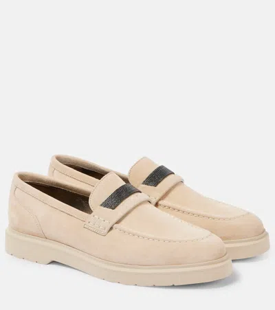 Brunello Cucinelli Monili Suede Penny Loafers In Beige