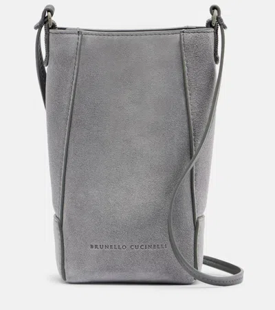 Brunello Cucinelli Monili Suede Shoulder Bag In Gray