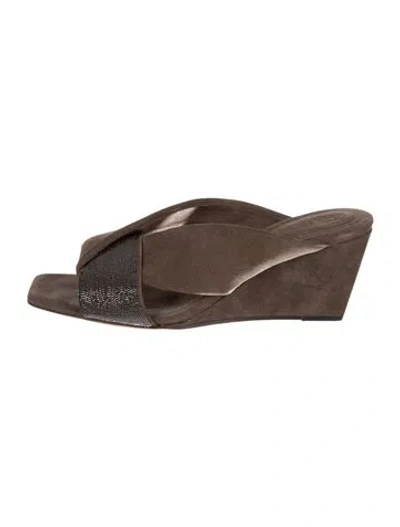Pre-owned Brunello Cucinelli Monili Suede Slides In Brown