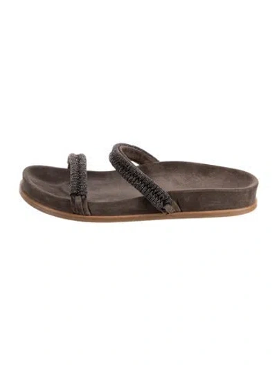 Pre-owned Brunello Cucinelli Monili Suede Slides In Brown