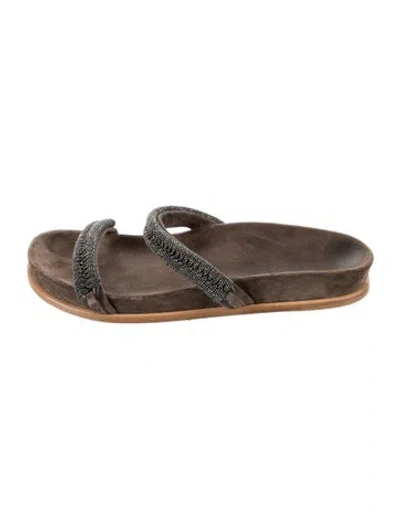 Pre-owned Brunello Cucinelli Monili Suede Slides In Brown