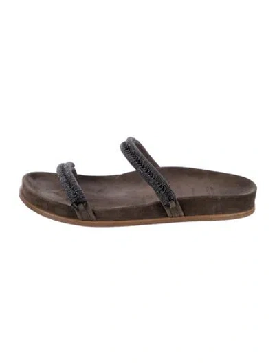 Pre-owned Brunello Cucinelli Monili Suede Slides In Brown