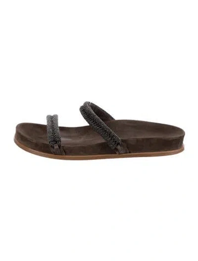 Pre-owned Brunello Cucinelli Monili Suede Slides In Brown
