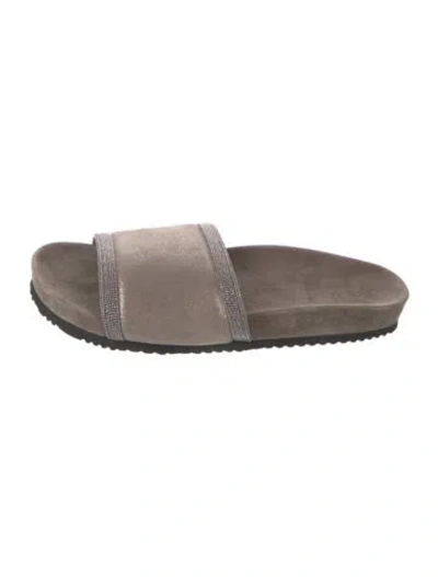 Pre-owned Brunello Cucinelli Monili Suede Slides In Brown/metallic