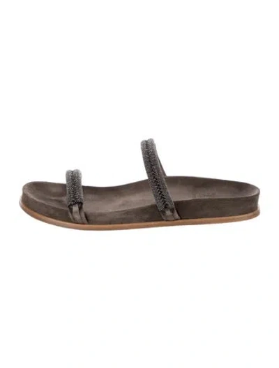 Pre-owned Brunello Cucinelli Monili Suede Slides In Gray