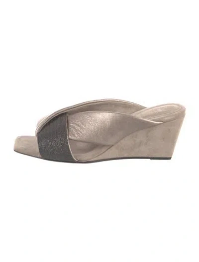 Pre-owned Brunello Cucinelli Monili Suede Slides In Gray