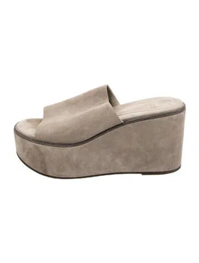 Pre-owned Brunello Cucinelli Monili Suede Slides In Neutral