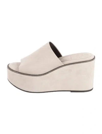 Pre-owned Brunello Cucinelli Monili Suede Slides In Neutral