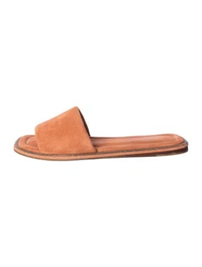 Pre-owned Brunello Cucinelli Monili Suede Slides In Orange