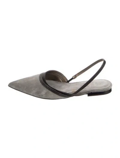 Pre-owned Brunello Cucinelli Monili Suede Slingback Flats In Gray