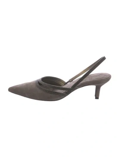Pre-owned Brunello Cucinelli Monili Suede Slingback Pumps In Brown