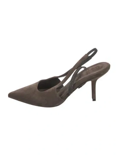 Pre-owned Brunello Cucinelli Monili Suede Slingback Pumps In Brown
