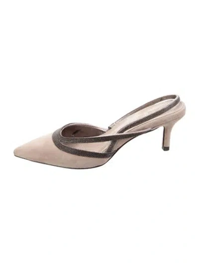 Pre-owned Brunello Cucinelli Monili Suede Slingback Pumps In Brown