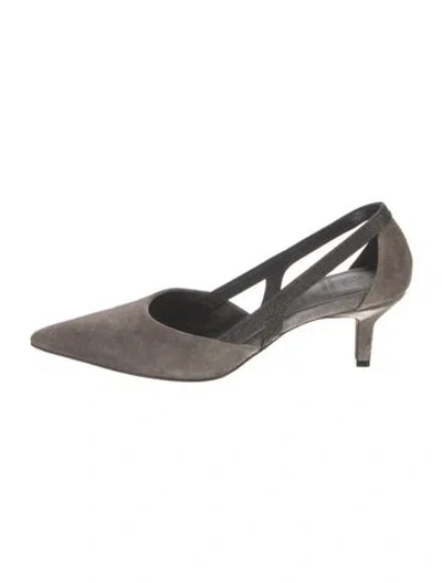Pre-owned Brunello Cucinelli Monili Suede Slingback Pumps In Gray