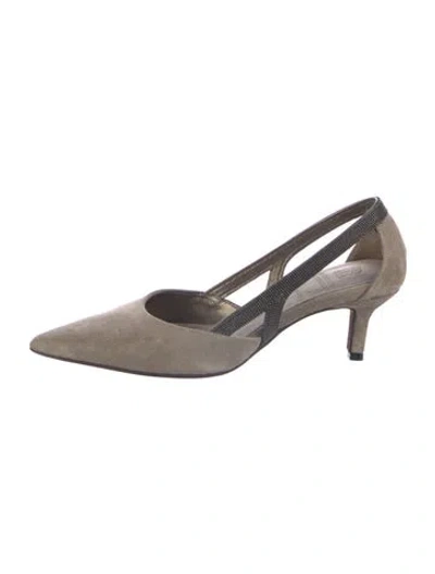 Pre-owned Brunello Cucinelli Monili Suede Slingback Pumps In Gray