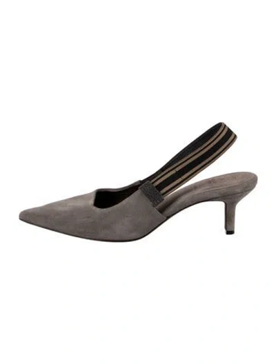 Pre-owned Brunello Cucinelli Monili Suede Slingback Pumps In Gray